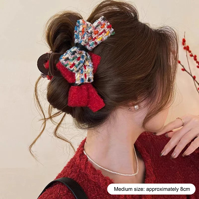 Retro Autumn And Winter Wool-blend Color-block Double Bow Hair Clip For Women Girls Large Shark Clip Hair Accessories Oasis Select A6
