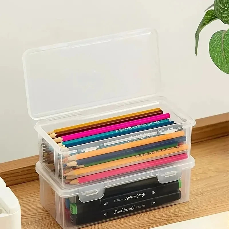 4 Pack Clear Plastic Storage Boxes with Lids, Stackable Transparent Organizer Containers for Office Supplies, Art Crafts,Pencils Oasis Select