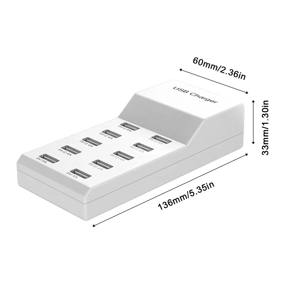 10-Port 50W USB Charging Station | Multi-Device Power Strip Hub