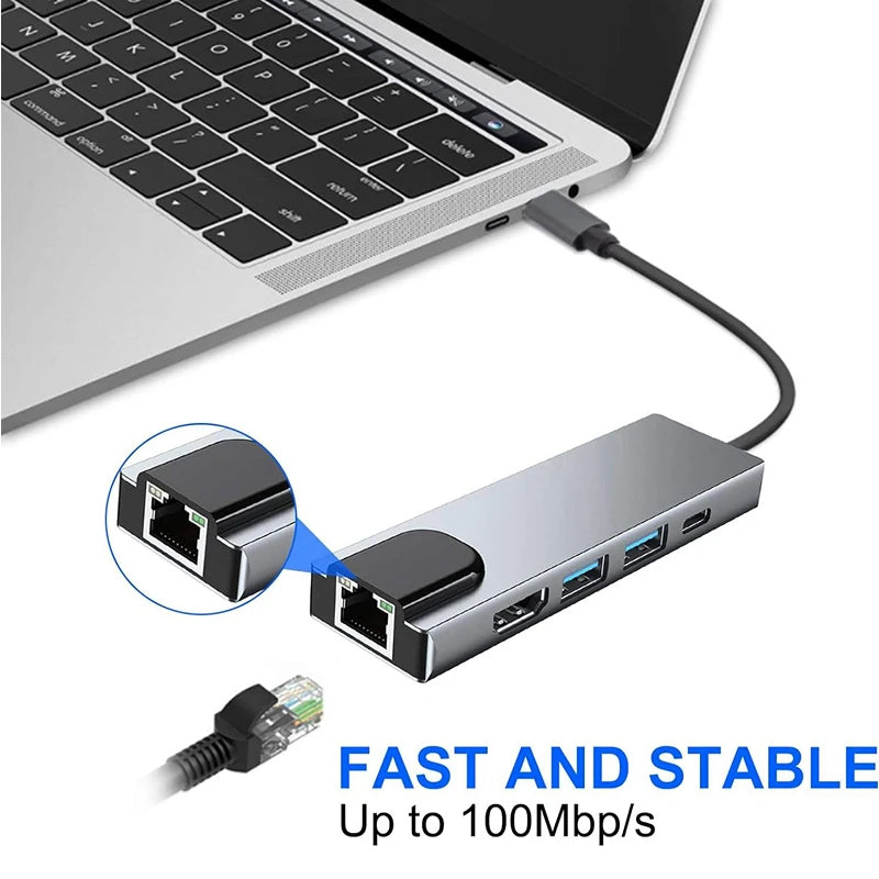 Type-C To 5Ports Docking Station HDMI 4K/RJ45 100M Splitter USB 3.0 5Gbps High Speed USB C 5 in 1 HUB Adapter For Laptop Macbook Oasis Select