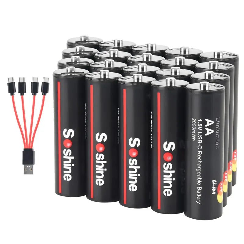 Soshine Original Li-ion AA Rechargeable Batteries USB Lithium battery 2000mWh 1.5V AA Rechargeable Batteries with Charging cable Oasis Select 20pcs AA 1.5V 2000