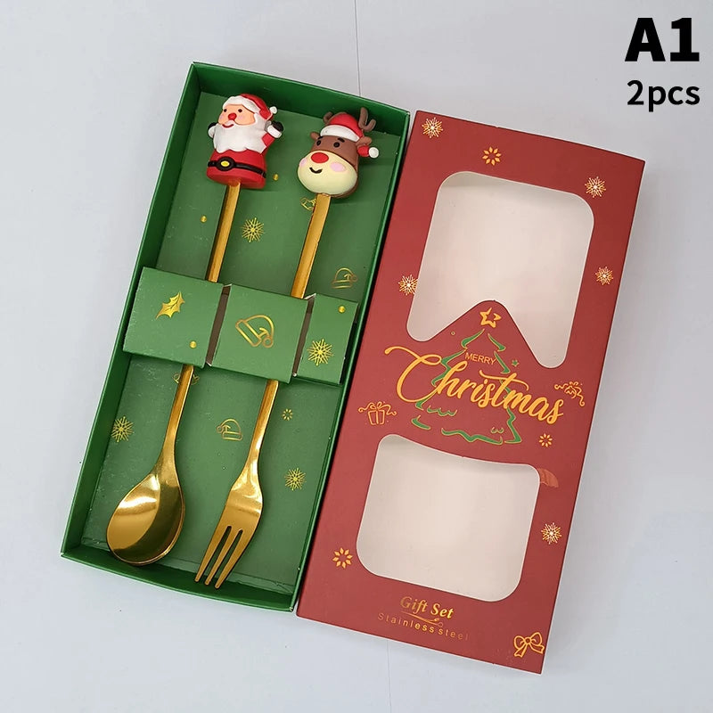 Stainless Steel Christmas Dessert Spoons Cake Forks Cartoon Tree Elk