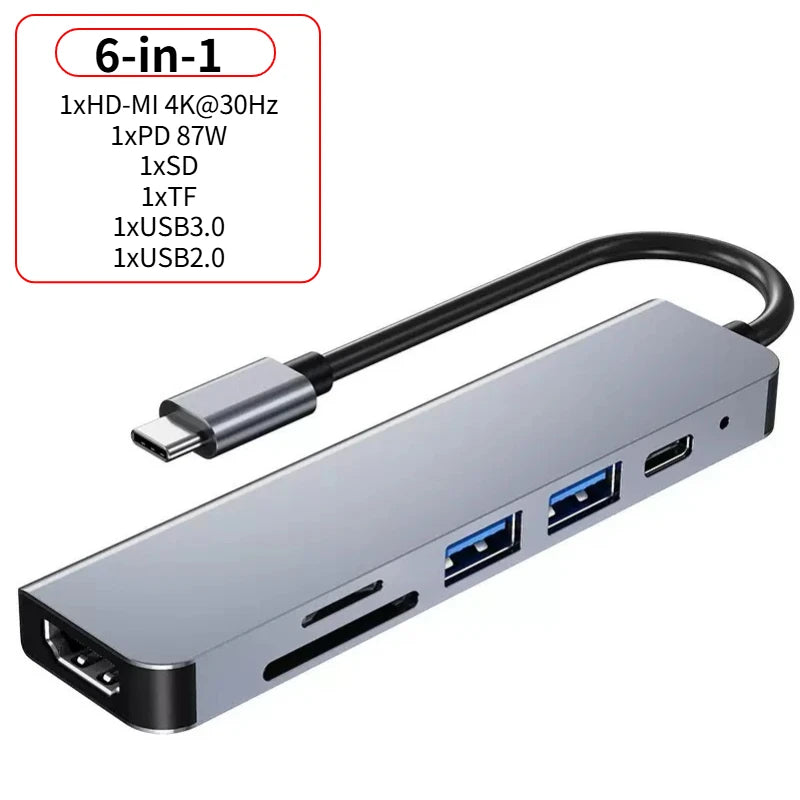 USB 3.0 Type-C Hub To HDMI Adapter 4K 30HZ SD TF Card PD 87W Fast Charge Splitter USB Docking Stations Hub for MacBook Compute Oasis Select 6-in-1