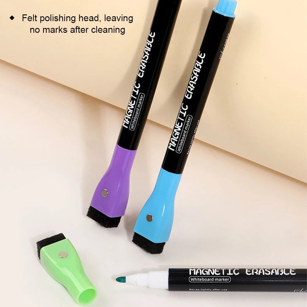Erasable Magnetic Whiteboard Markers with Built-In Eraser | 12 Colors