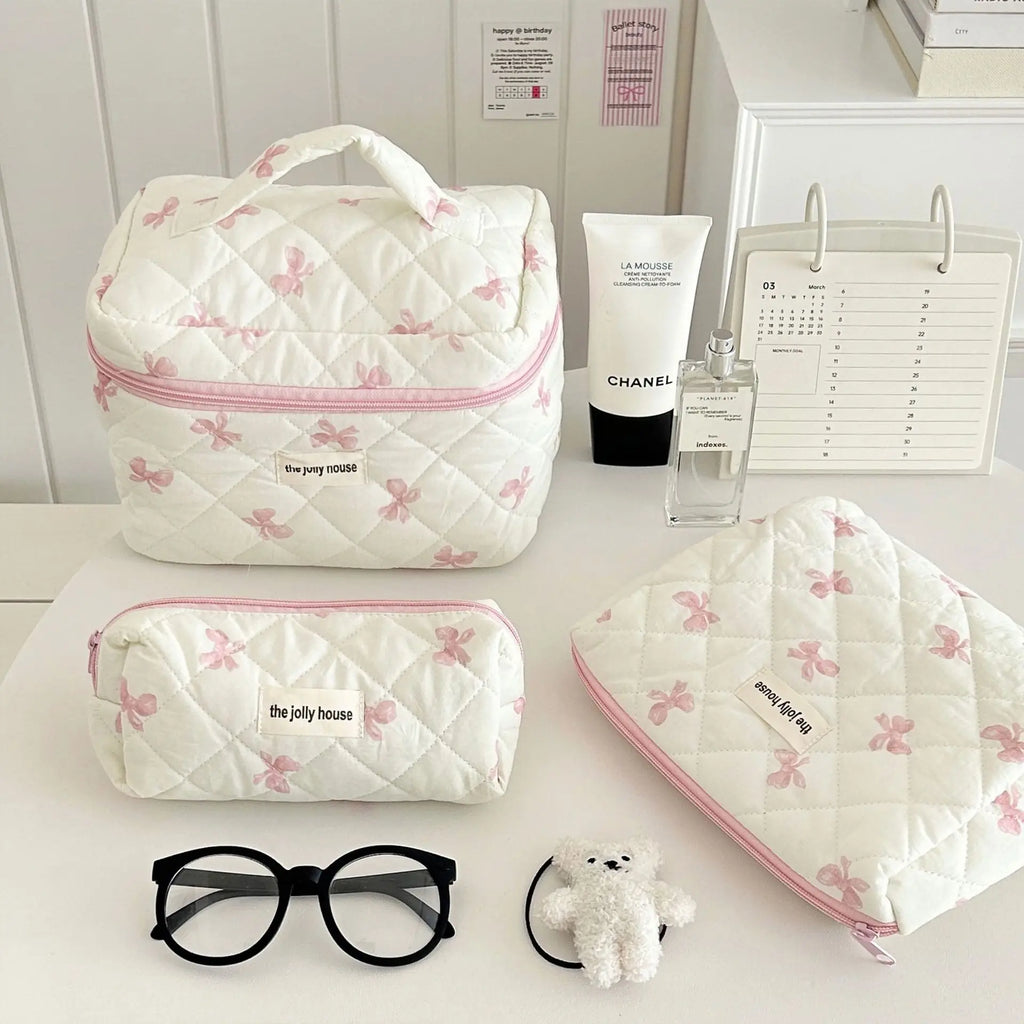 Bow Flower Quilted Makeup Bag – Zipper Cosmetic Organizer