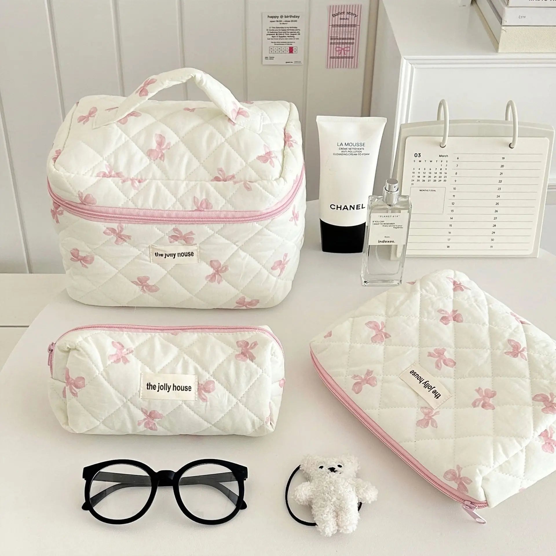 Bow Flower Quilted Makeup Bag – Zipper Cosmetic Organizer