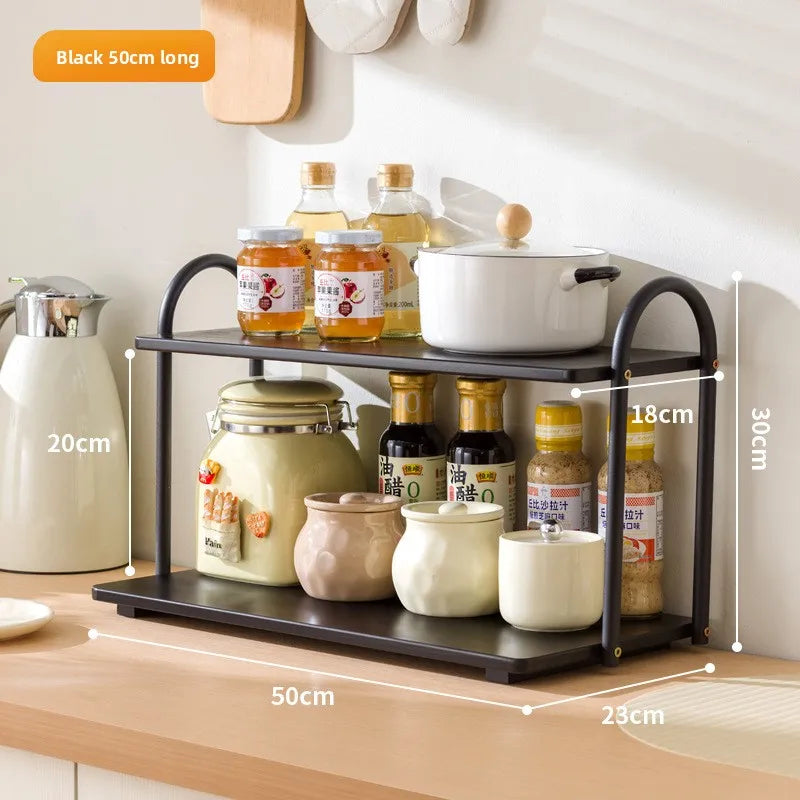 Double-layer kitchen seasoning rack rack household seasoning salt tank multi-functional multi-layer storage rack Oasis Select Black 50 long