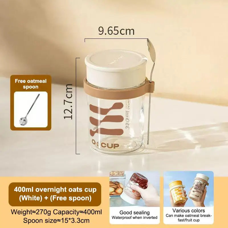 400ml Glass Overnight Oat Cup with Lid & Spoon | Breakfast Jar