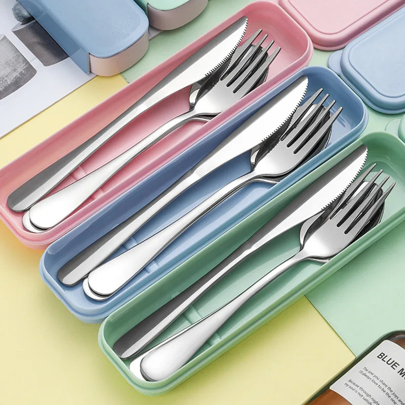3/4pcs Portable Stainless Steel Cutlery Suit with Storage Box Chopstick Fork Spoon Knife Travel Tableware Set Camping Cutlery Oasis Select