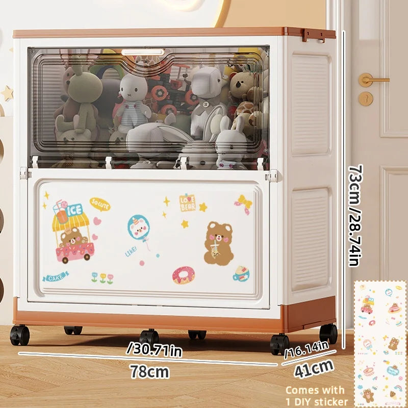 Cartoon Large Capacity Storage Box Foldable with Wheels Mobile Toy Organizer for Home Use Clothes Toys Bedding Oasis Select Bear Brown