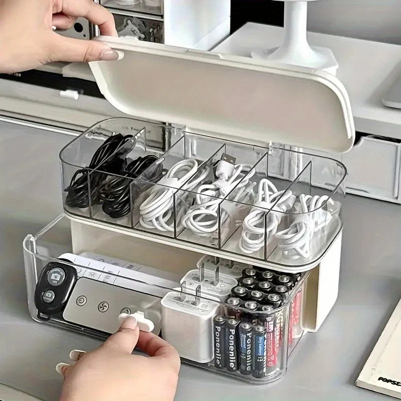Clear Cable Organizer Box With Lid Desktop Cord Storage For Chargers Office Desk Tidy Holder Produce Fridge Container Basket Oasis Select