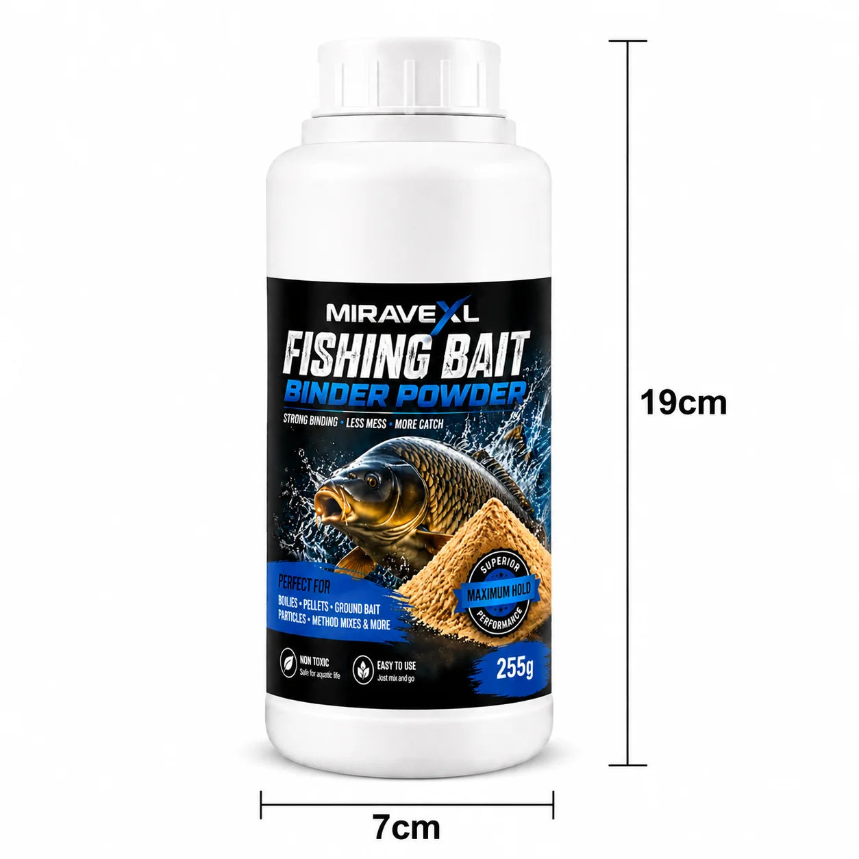 MIRAVEXL Fishing Bait Binder Powder255g Strong Binding Less Mess Maximum Catch Perfect for Boilies Pellets Ground Bait Particles Oasis Select
