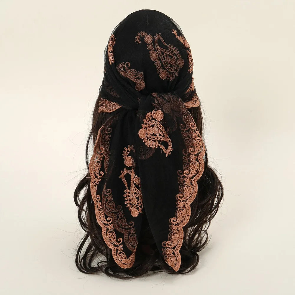 Elegant Square Lace Scarf Hollow Out Thin Foulard Bandana Floral Embroidery Vintage Hair Scarf Headband Women Oasis Select