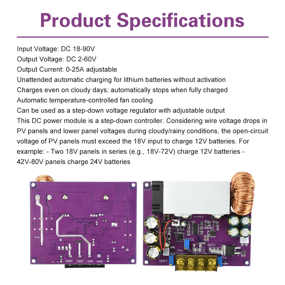 800W 25A MPPT Solar Charger Power Supply Module 18V-90V to 2-60V DC-DC Step Down Buck Converter Auto Charging Board Ideal Diode Oasis Select