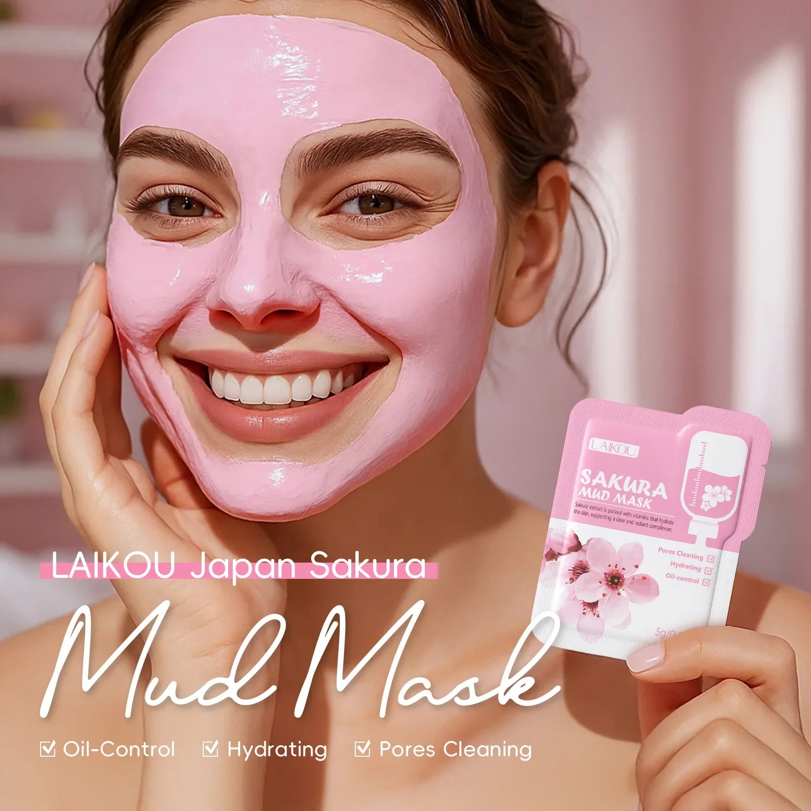 LAIKOU Japan Sakura Clay Mud Mask Hydrating Gentle Cleansing Refreshing Oil Balancing Daily Facial Skin Care Mask 5g Oasis Select