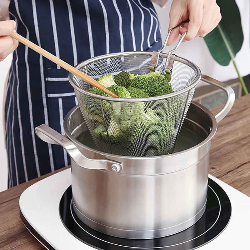 French Chip Frying Strainer Basket Stainless Steel Deep Fry Basket Kitchen Round Fryer Wire Mesh With Handle Wire Colander Nets Oasis Select