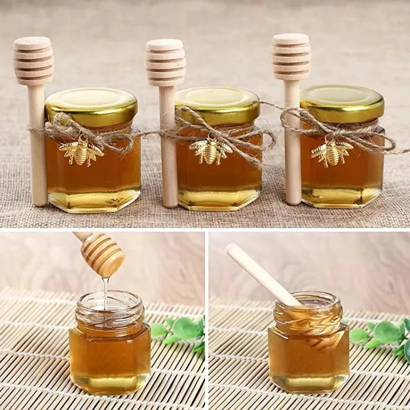 45ml Hexagonal Mini Glass Honey Jar with Wood Dipper Bee Pendants and Jutes Yogurt Pudding Glass Bottle Suitable for Party Gifts Oasis Select