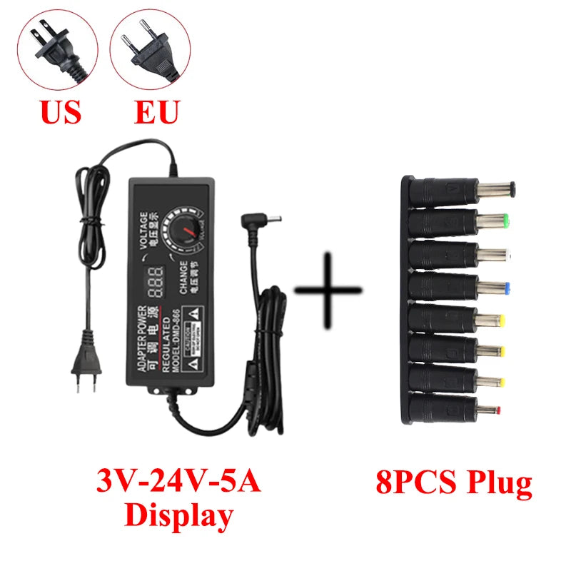Transfotrmer AC 220V TO DC 12V 24V 5V Adjustable Power Supply Adapter DC 3V-24V Transformers AC 220 V To 12 24 V With 8PCS Plug Oasis Select 5A Display With 8PCS EU Plug