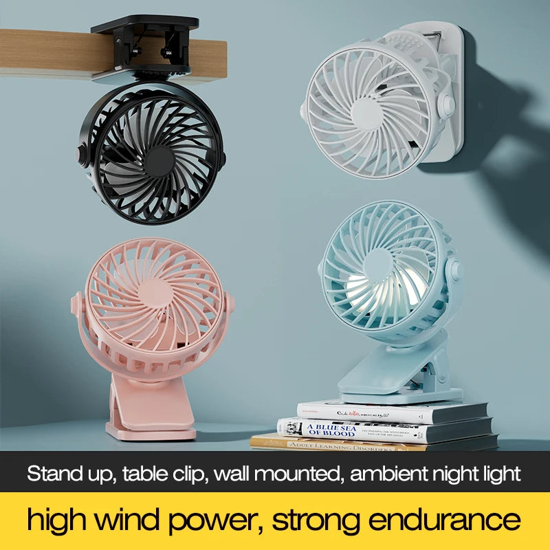 Portable Rechargeable Clip Fan 720° Rotatable Hanging Fan with Night Light Air Cooler for Outdoor Camping Ventilador Fans Oasis Select