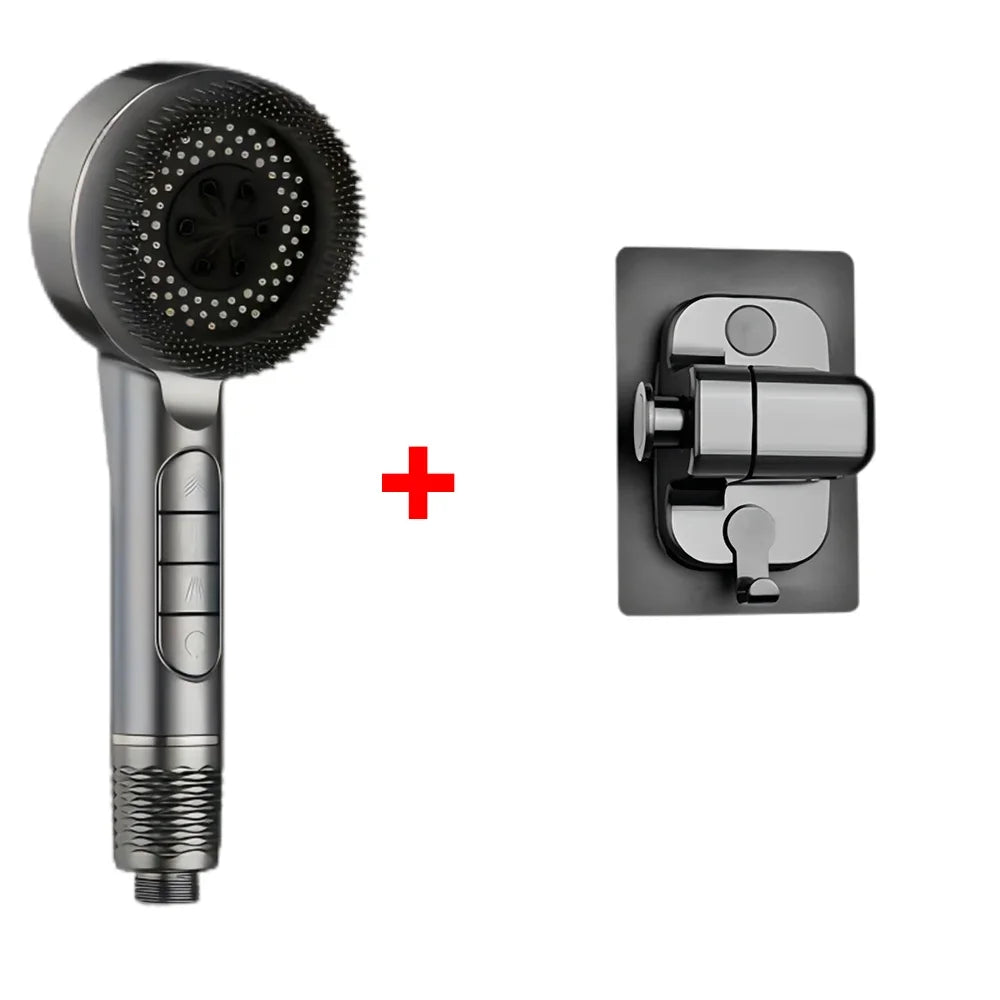 4 Modes Self-cleaning Shower Head with Silicone Brush One-Key Stop Water Massage High Pressure ABS Showerhead with Filter Oasis Select Gray Base Set