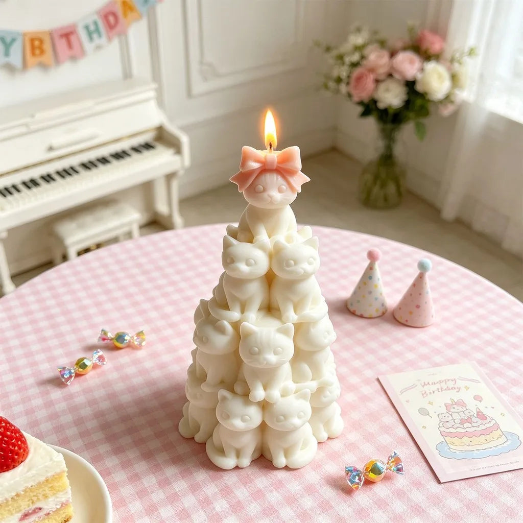 3D Stacked Cats Tower Silicone Mold Cute Bow Cat Shape Mold for DIY Candle Plaster Home Decoration Crafts Oasis Select