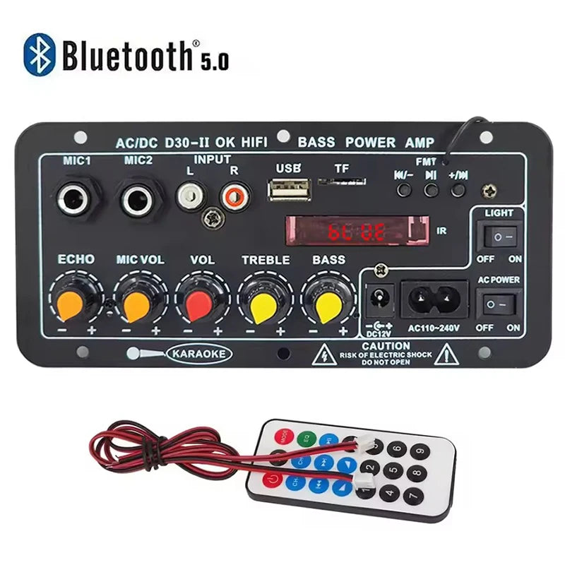 DC 12V Bluetooth 5.0 Digital Audio Amplifier Board Dual Mic AC 110V 220V Subwoofer Karaoke AMP Home Theater Car Speaker 30W 50W Oasis Select
