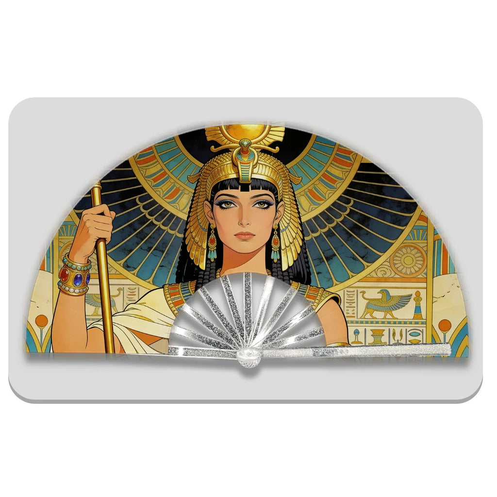13" Egyptian Cleopatra Folding Fan - Plastic Rib Large Hand Fan for Cosplay, Ancient Egypt Party Decor & Summer Cooling Oasis Select Transparent