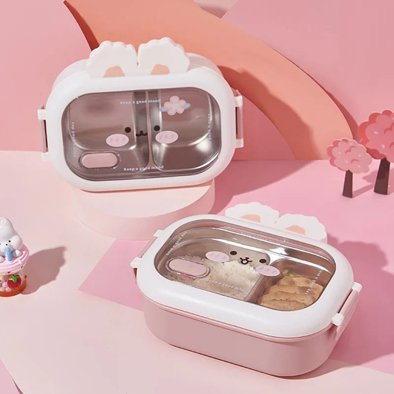 950ml Cute Rabbit Lunch Box Stainless Steel 2 Grid Bento Box Buckle Design Sealed and Leak-proof Portable Food Storage Container Oasis Select