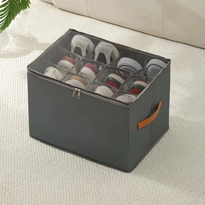 12-Grid Foldable Shoe Organizer with Clear Window and Handle , Collapsible Closet Storage Box for Shoes, Space-Saving Container Oasis Select gray