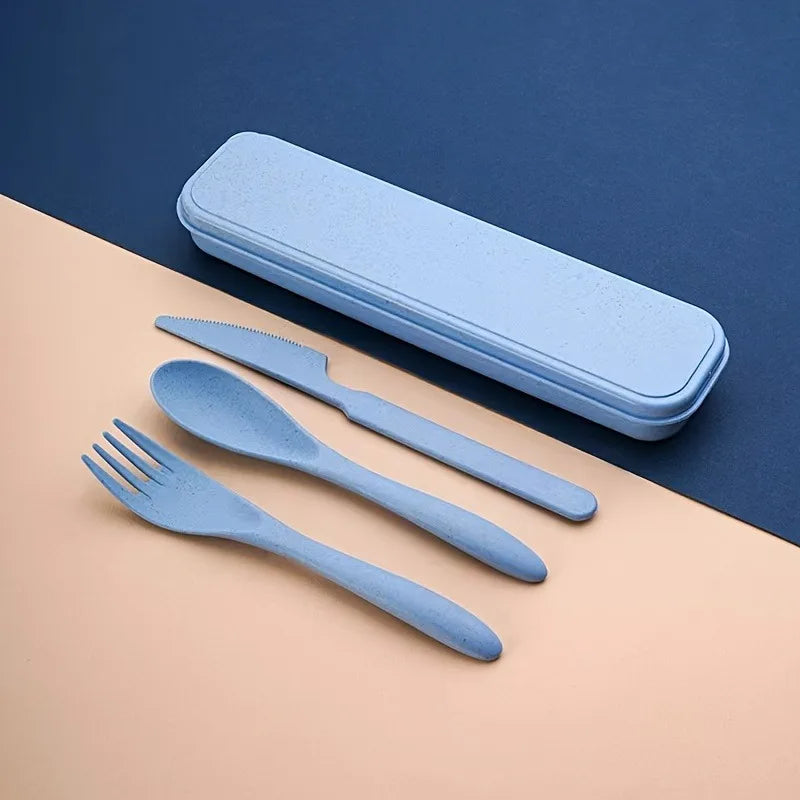 3pcs Outdoor Travel Knife, Fork, and Spoon Cutlery Set with Storage Box, Reusable Lightweight Utensils for Travel, Work, School Oasis Select Blue