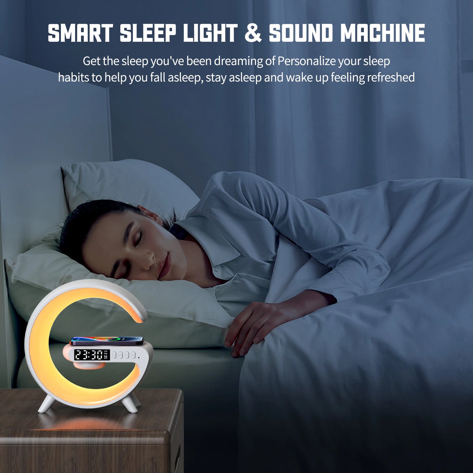 Small RGB Wireless Charger Smart Wireless Bluetooth Speakers Sunrise Alarm Clock & Wake Up Light 15W Fast Charging Dock Station Oasis Select