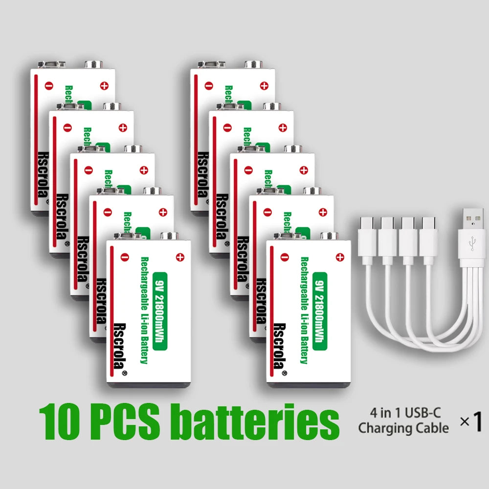 Long-Lasting 9V Lithium ion Rechargeable Battery 21800mWh High Capacity for Guitar Microphone Smoke Detector Pedal with Cable Oasis Select 10 PCS Batteries