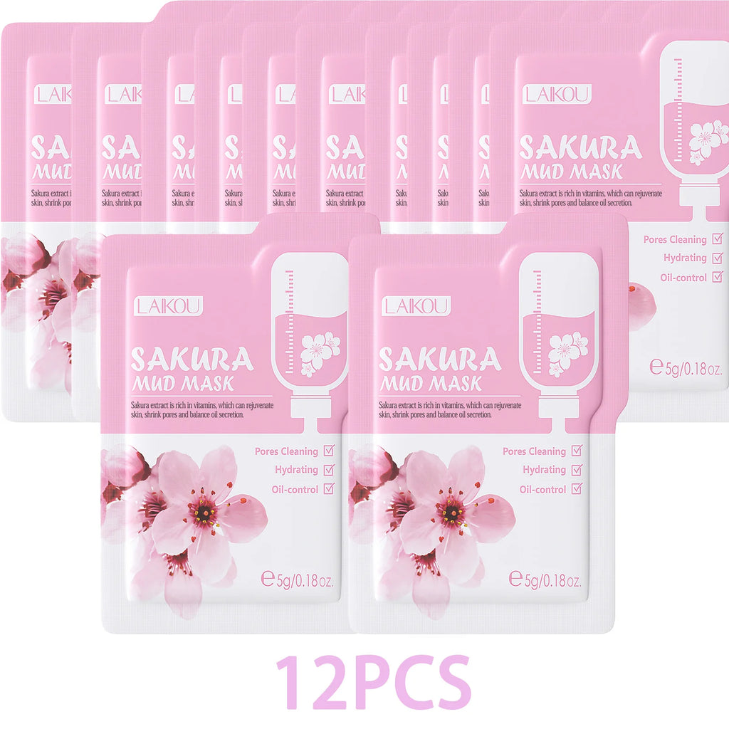 LAIKOU Japan Sakura Clay Mud Mask Hydrating Gentle Cleansing Refreshing Oil Balancing Daily Facial Skin Care Mask 5g Oasis Select 12PCS