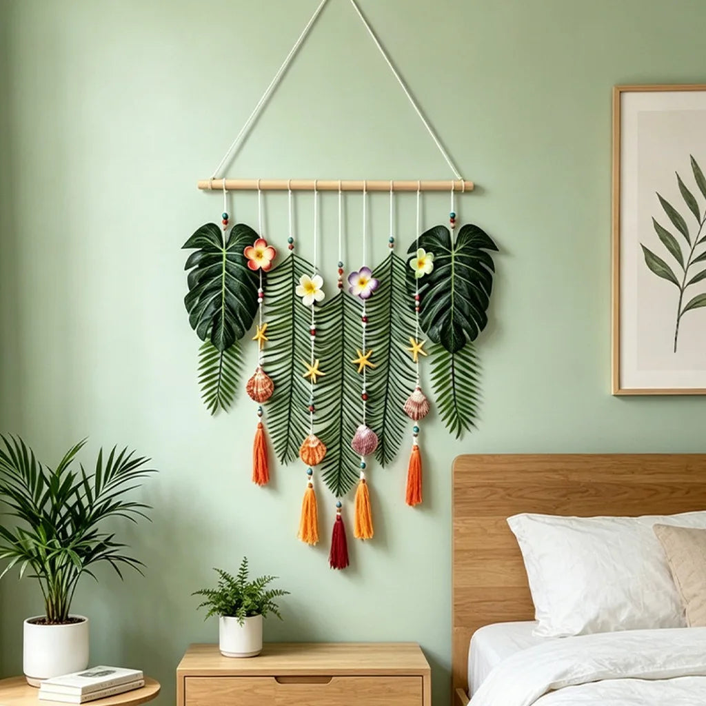 Boho Forest Leaf Wall Tapestry | Handwoven Cotton Wall Hanging