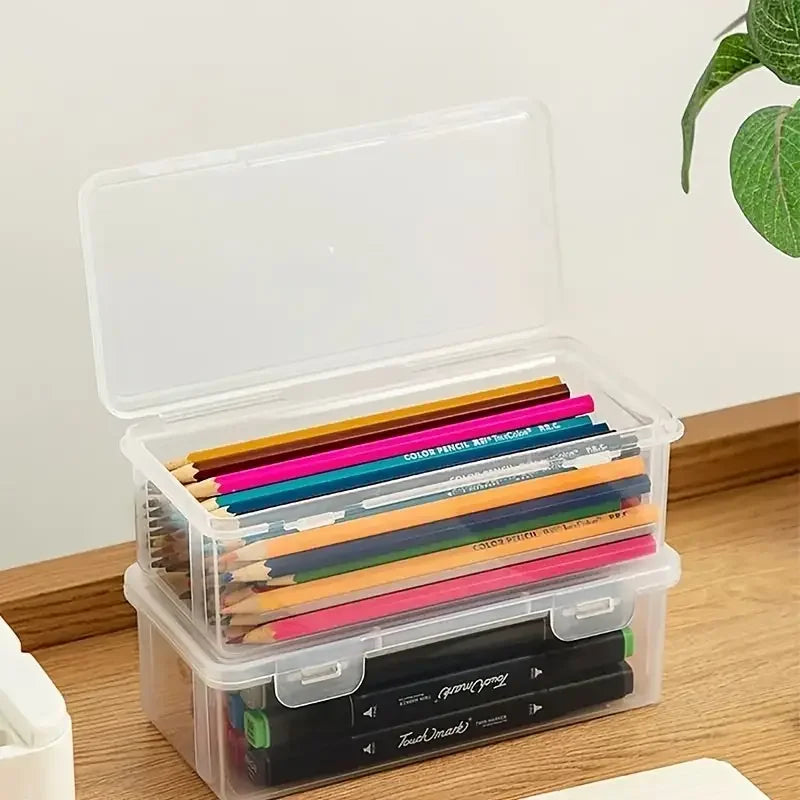 4 large transparent PP storage boxes with lids, used for storing office supplies, pencils, and crafts Oasis Select