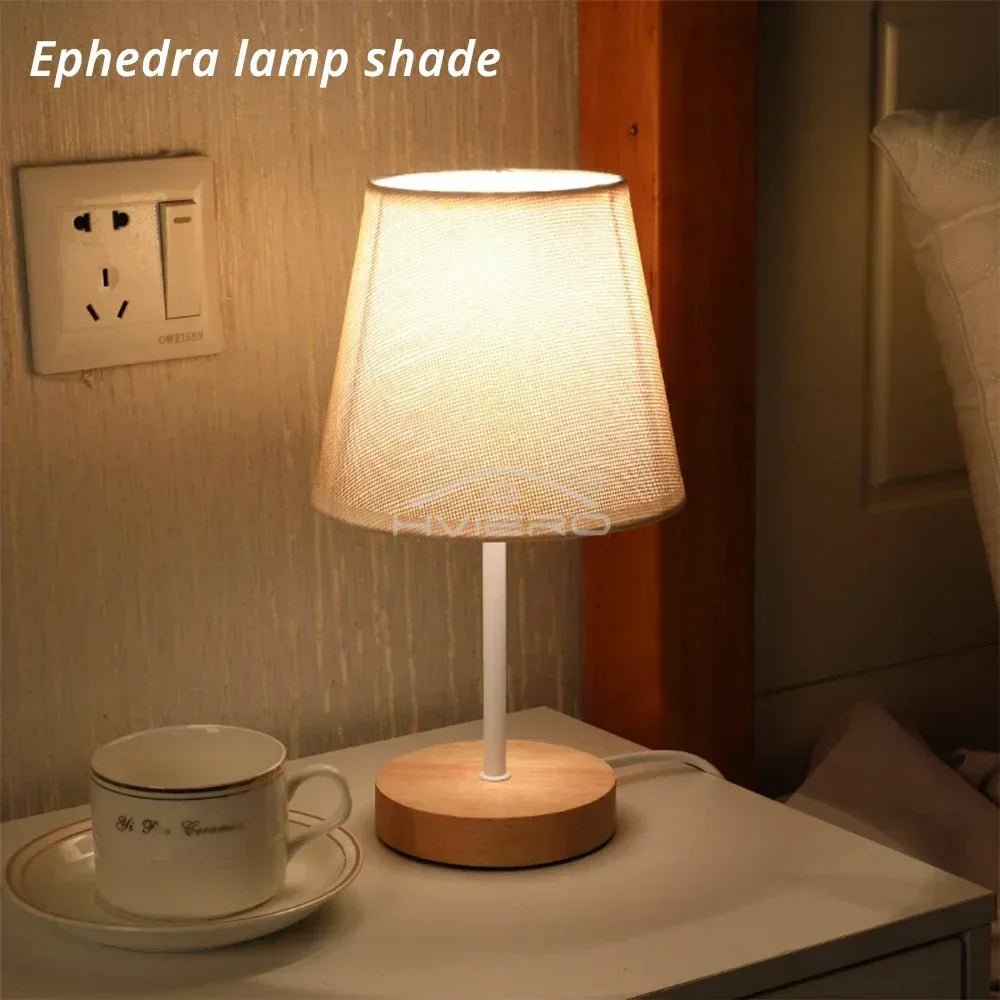 Nordic LED Desk Lamp – Wooden Base & Fabric Shade | USB Night Light
