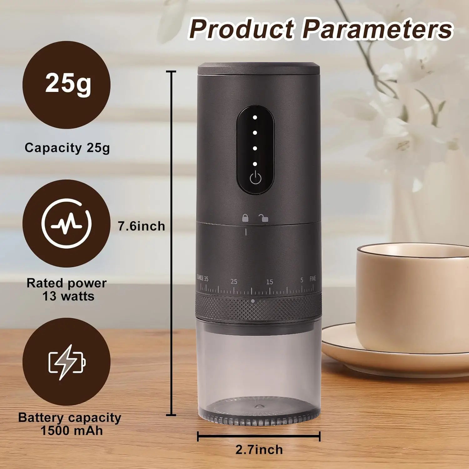 New Portable Electric Power Display Coffee Bean Grinder 38 Gears External Adjustable USB 2000mAh Household Mini Coffee Machine Oasis Select Black Power display