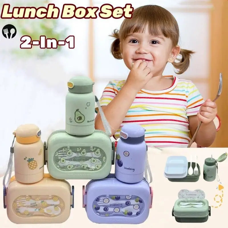 Kids Bento Lunch Box & Water Bottle Set | Fruit Design 2-in-1