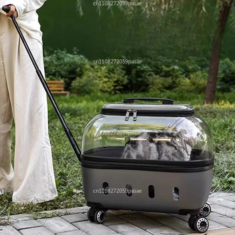 Fashion Transparent Cat Cage Large Capacity Pet Suitcase Breathable Cat Carriers Pull Rod/Handheld Dual Use Cat Transport Cart Oasis Select