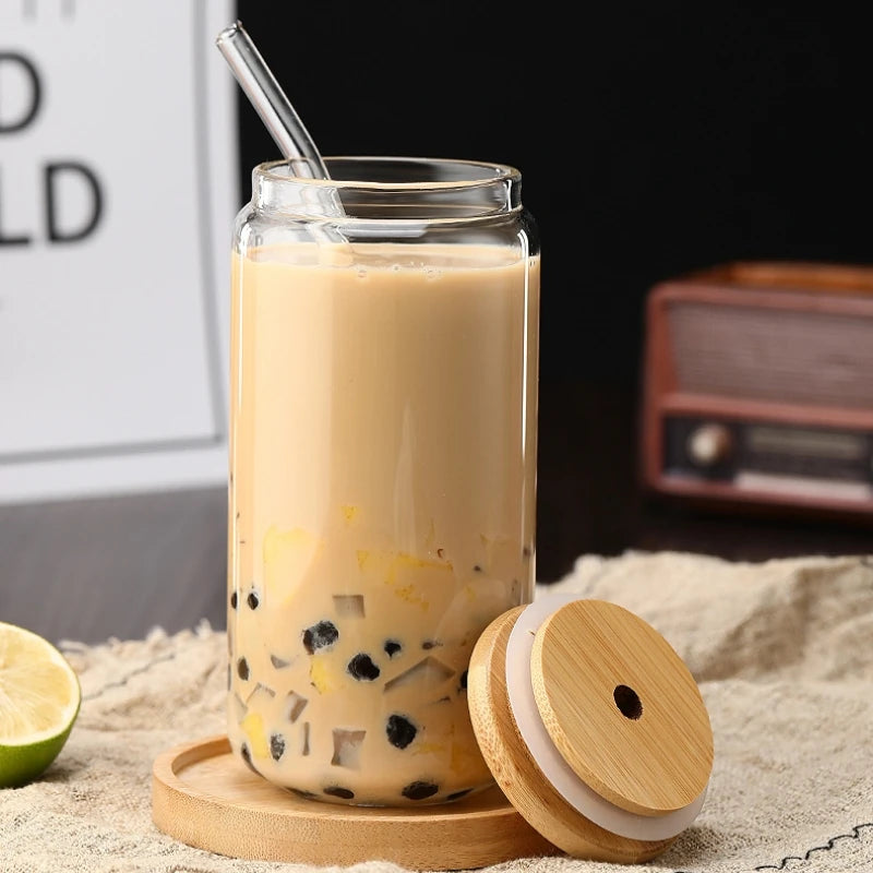 450ml/550ml Glass Cups with Bamboo Lids and Straw 1pc Mason Jars Coffee Mug Beer Can Shaped for Cocktail Milk Juice Cola Gift Oasis Select