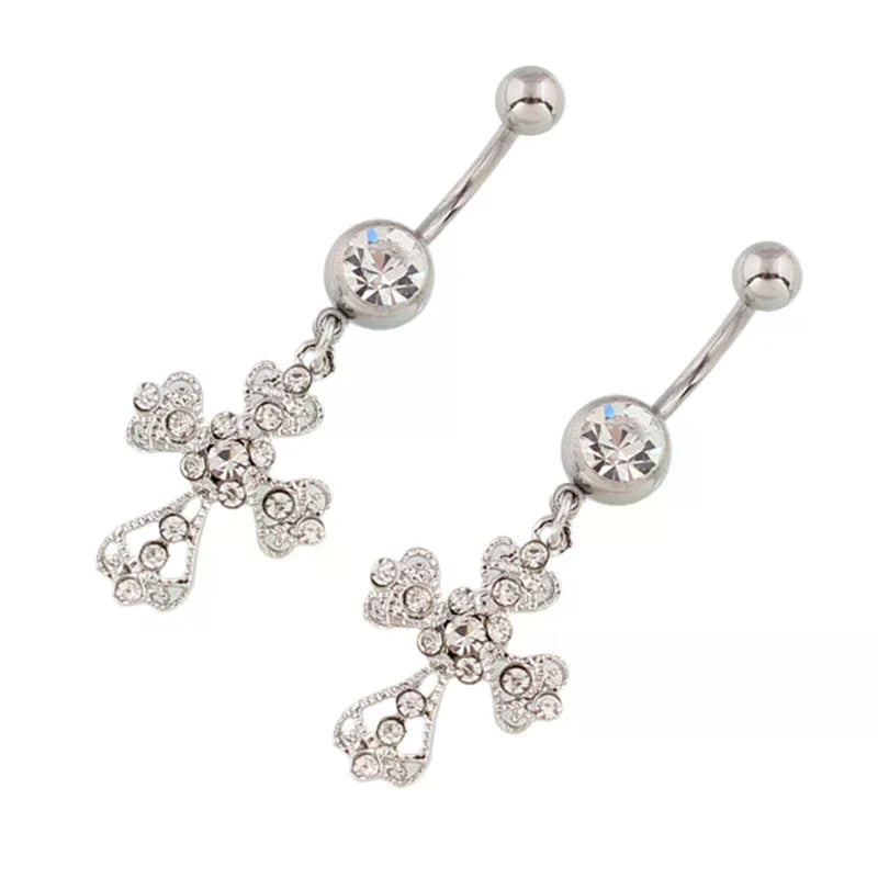Stainless Steel Cross Pendant Navel Nail Fashion Crystal Rhinestone Belly Button Rings For Women Body Sexy Piercing Jewelry Oasis Select