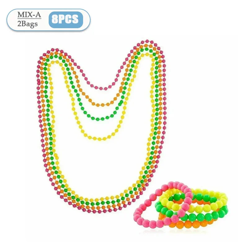 4-40PCS Connected Beads Necklace Neon Costume Accessory Set Bracelets Necklaces Photo Props Party Dress Up Bead Multicoloured Oasis Select MIX-A-8PCS