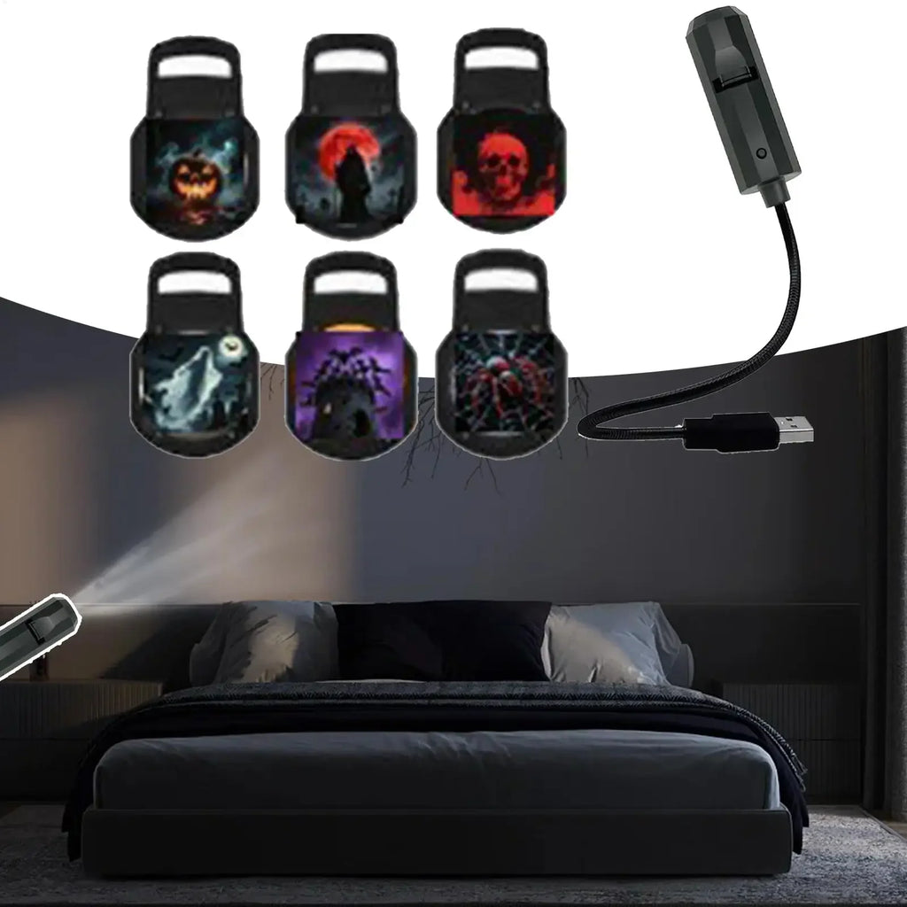 Halloween USB Projector Light Skull NightLight Ghost LED Lamp 360Degree Rotating Switchable Pattern Design Dark & Night Ambiance Oasis Select