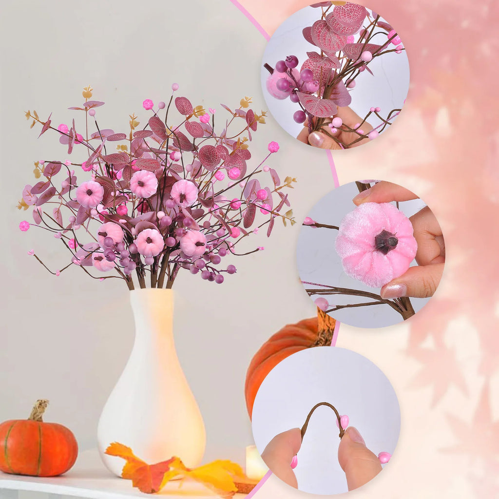 Artificial Pink Velvet Pumpkin Eucalyptus Leaf Pick Harvest Thanksgiving Pumpkin Bouquet Pink Pumpkin Branch Table Decoration Oasis Select