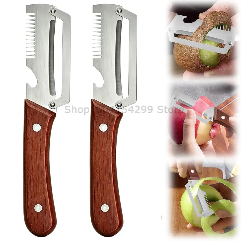 Wooden Handle Paring Knife High Appearance Kitchen Special Fruit Planer Sugarcane Paring Knife Household Thick Scraping Tools Oasis Select plastic Slicer-2PCS