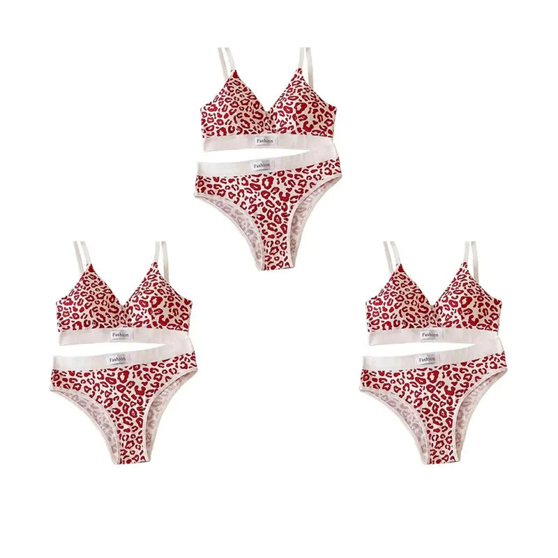 1-4pcs Summer Set New Women's Leopard Print Traceless and Steel Rim Bra Adjustable Shoulder Strap Back Women's Underwear Set Oasis Select Wine red 3 set One Size