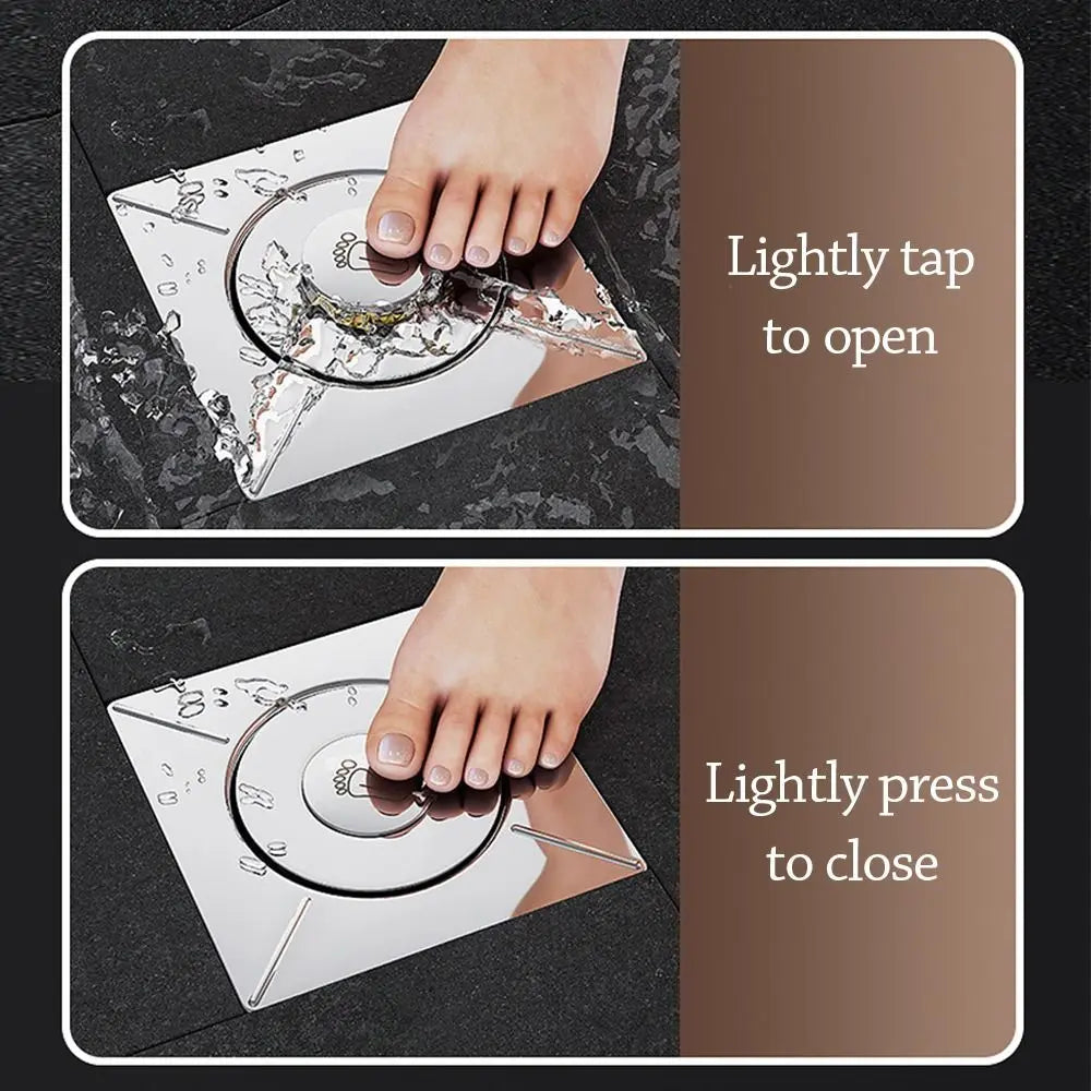 Stainless Steel Pop-Up Square Floor Drain | Anti-Odor Press Type