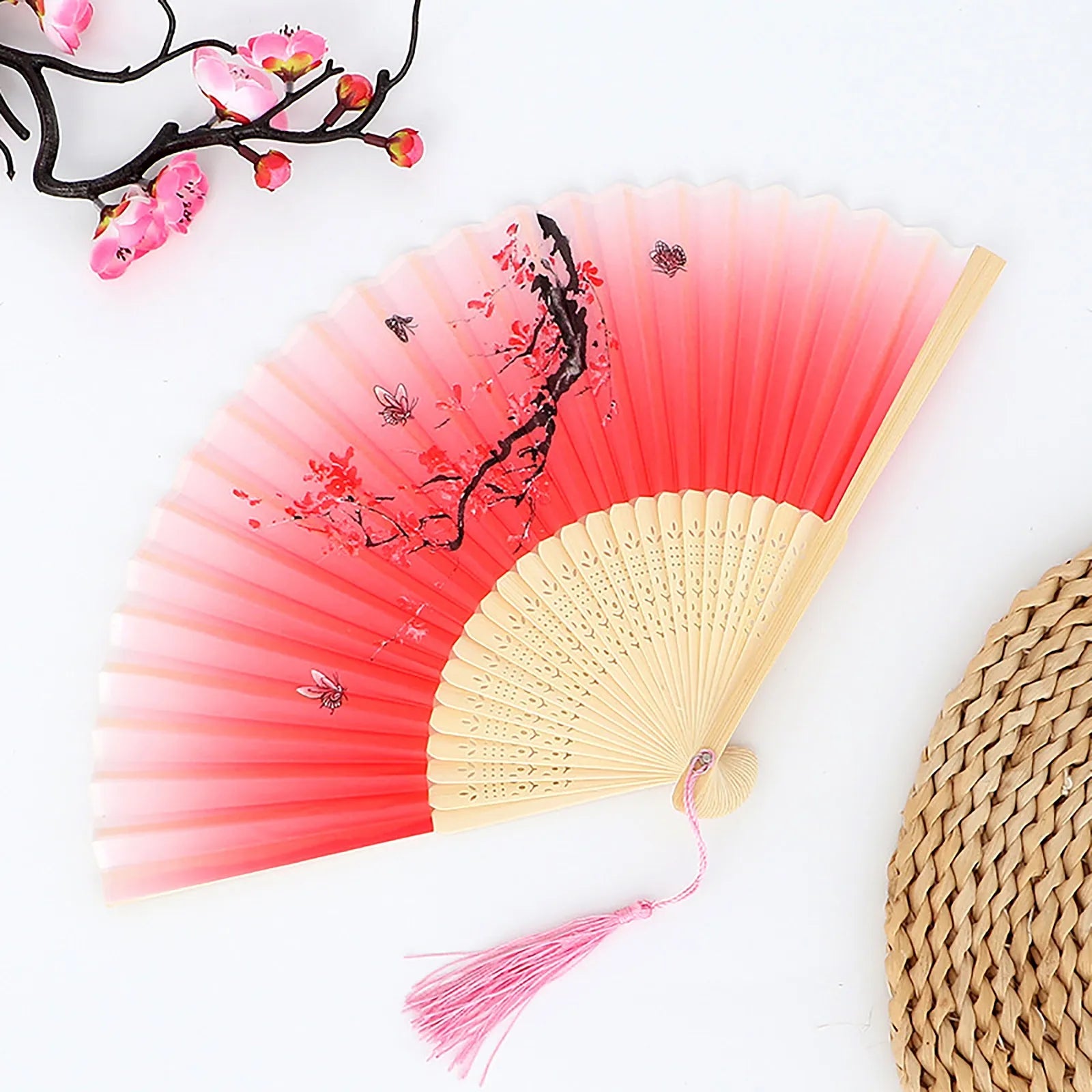 Vintage Silk Folding Fan Chinese Japanese Art Crafts Gift Home Decorations Dance Hand Fan Bamboo Room Decor Wood Fans Oasis Select K One Size