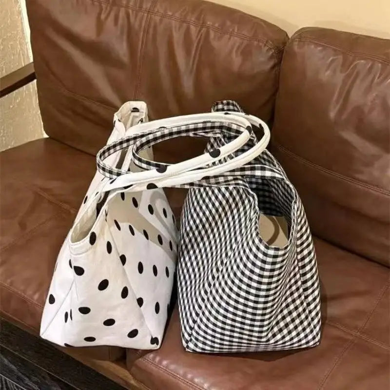 Canvas Tote Bag For Women Large Capacity Striped Plaid Polka Dot Shoulder Bag Reusable Shopping Handbag For Work Travel Beach Oasis Select