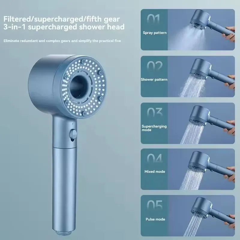 5 Modes Large Panel 7 IN 1 Shower Head High Pressure Water Saving Massage Portable Filter Shower Hook Hose Bathroom Accessories Oasis Select